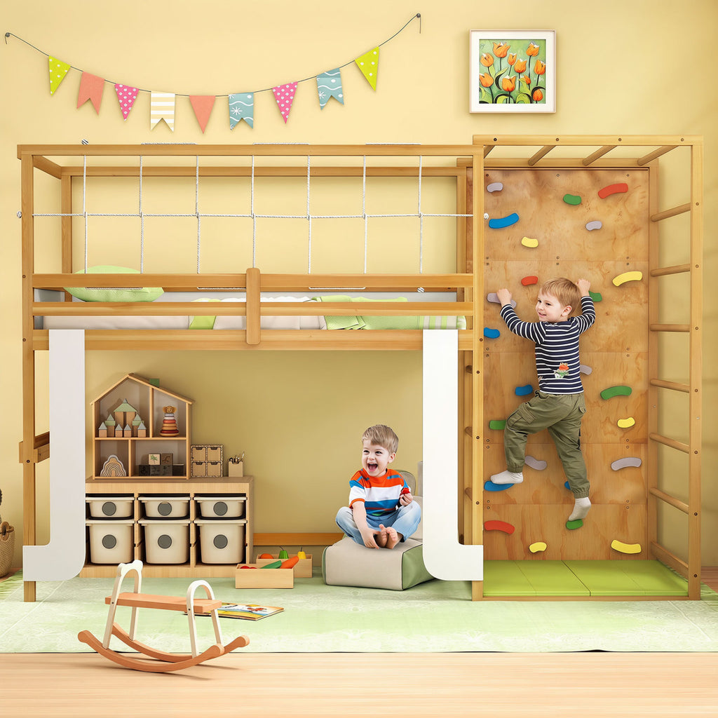 Twin Loft Bed with Jungle Gym & Climbing Ladder - Natural