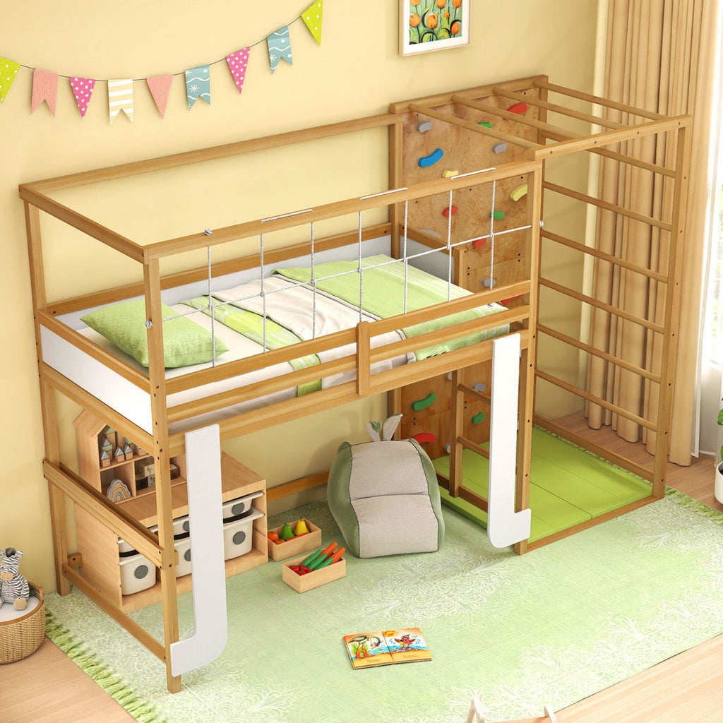 Twin Loft Bed with Jungle Gym & Climbing Ladder - Natural