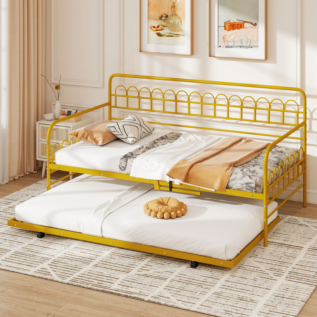 Twin Daybed with Trundle and Curved Backrest - Gold