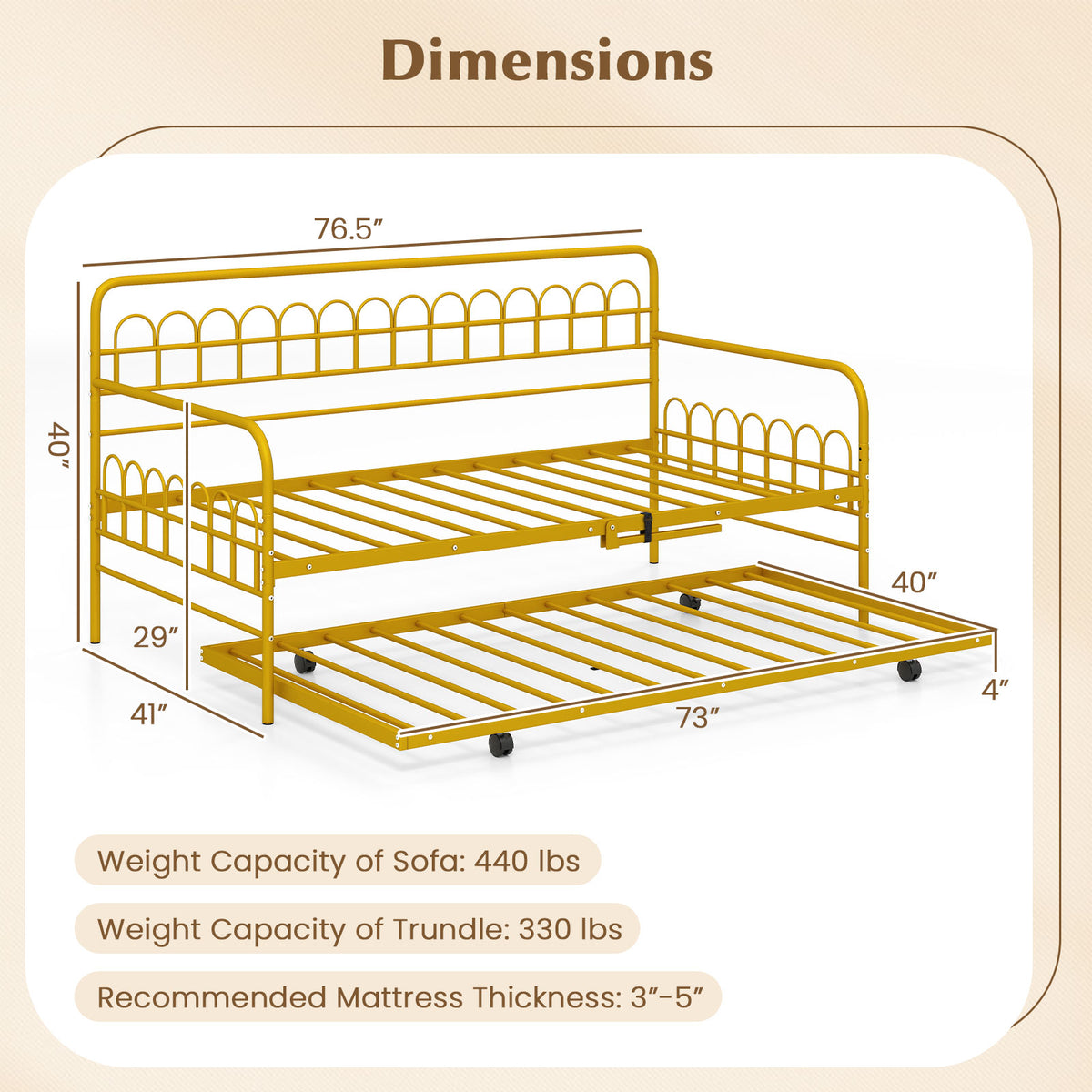 Twin Daybed with Trundle and Curved Backrest - Gold