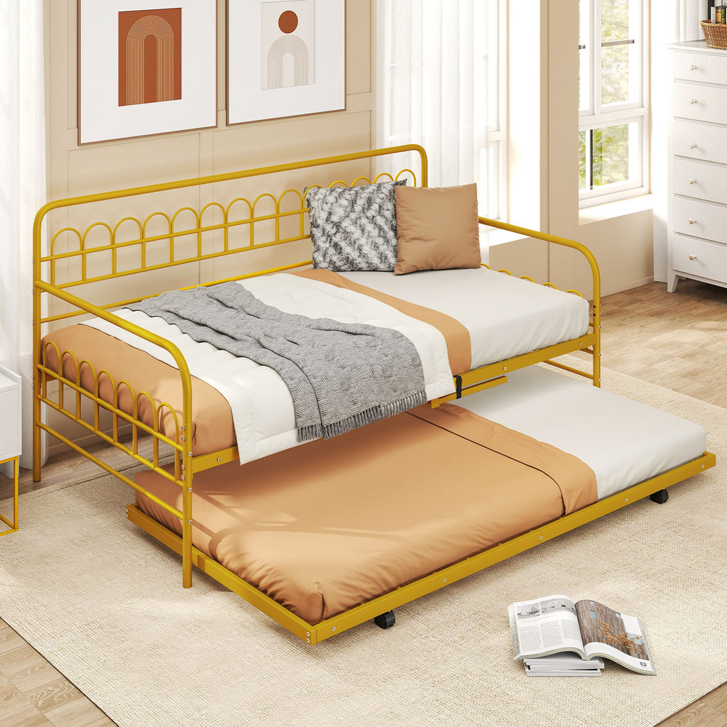 Twin Daybed with Trundle and Curved Backrest - Gold