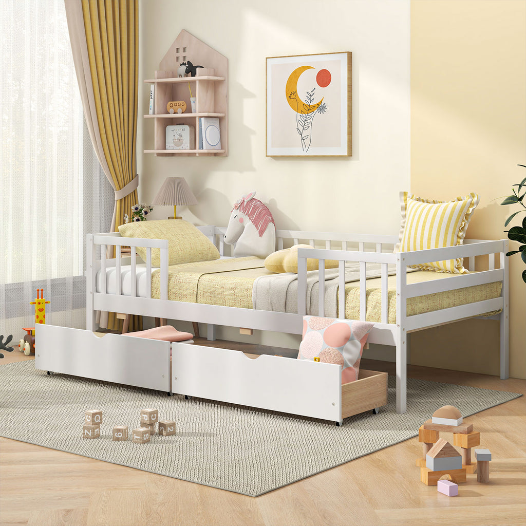 Twin Daybed with Storage Drawers & Safety Fence – White