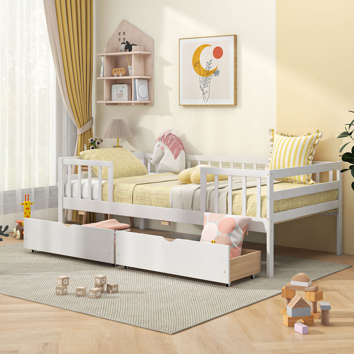 Twin Daybed with Storage Drawers & Safety Fence – White
