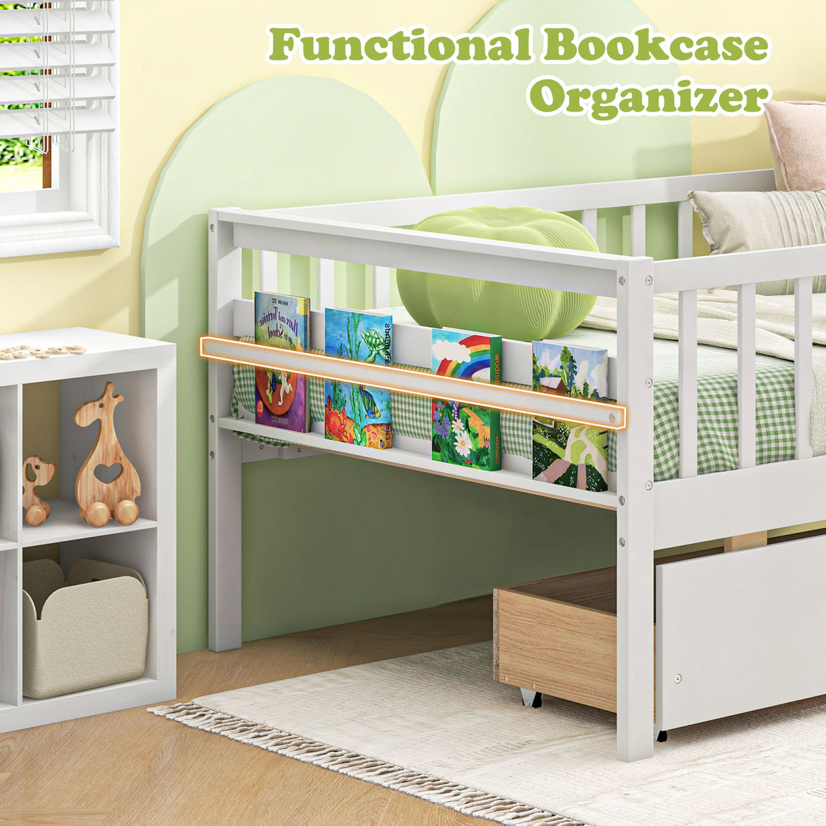 Twin Daybed with Storage Drawers & Safety Fence – White