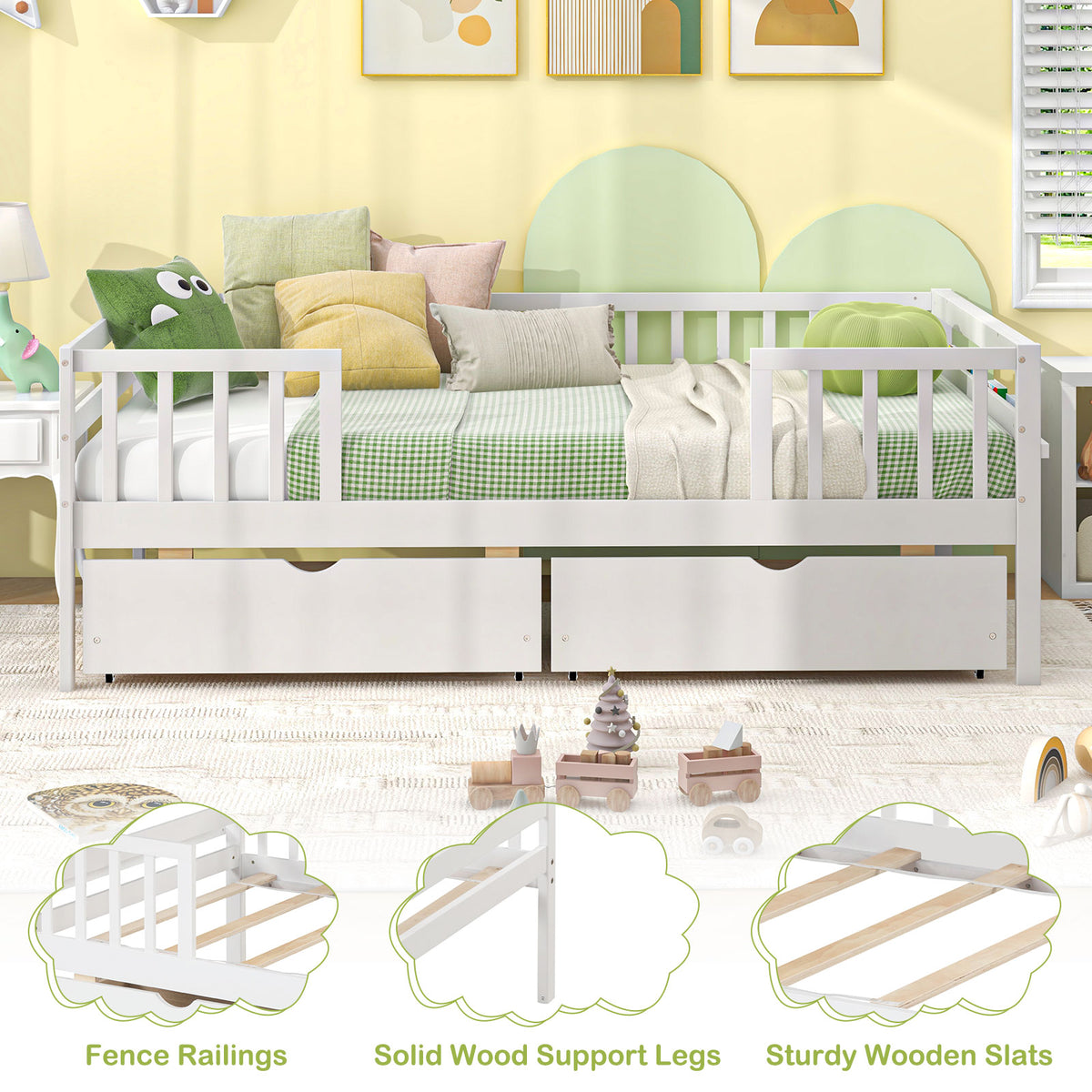 Twin Daybed with Storage Drawers & Safety Fence – White