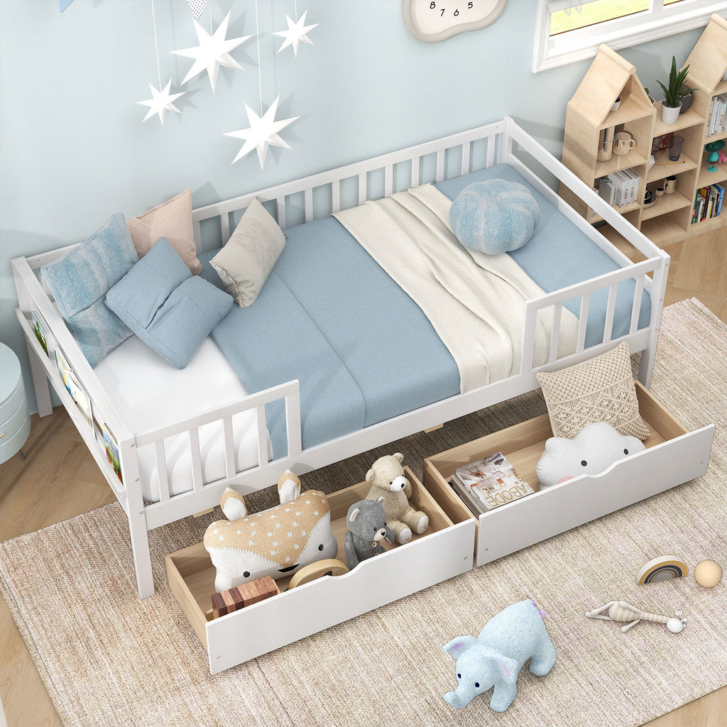 Twin Daybed with Storage Drawers & Safety Fence – White