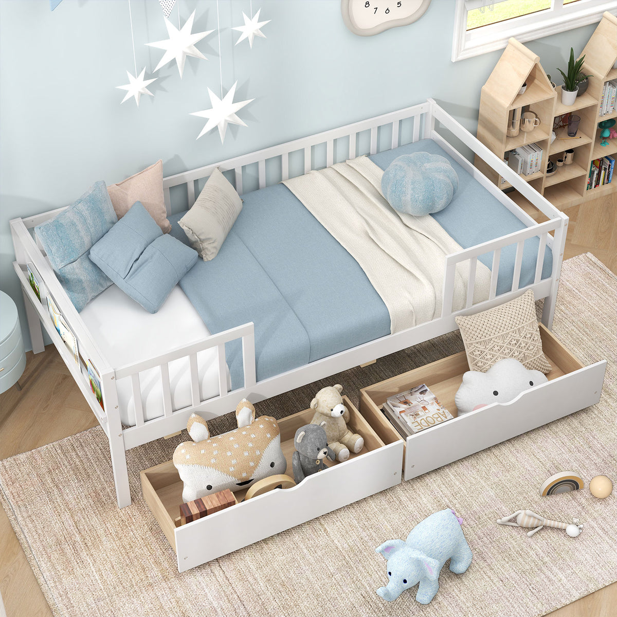 Twin Daybed with Storage Drawers & Safety Fence – White