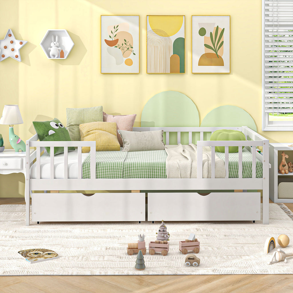 Twin Daybed with Storage Drawers & Safety Fence – White
