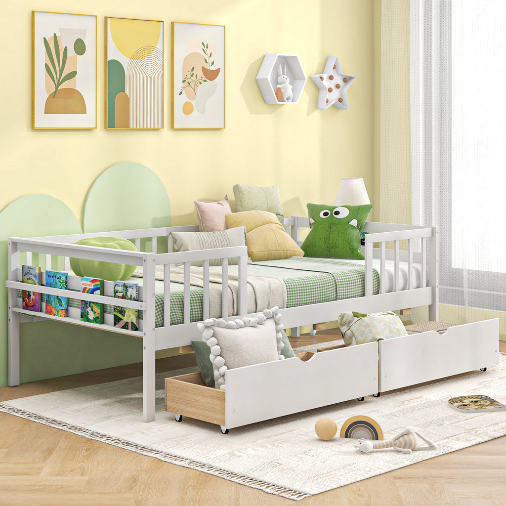 Twin Daybed with Storage Drawers & Safety Fence – White