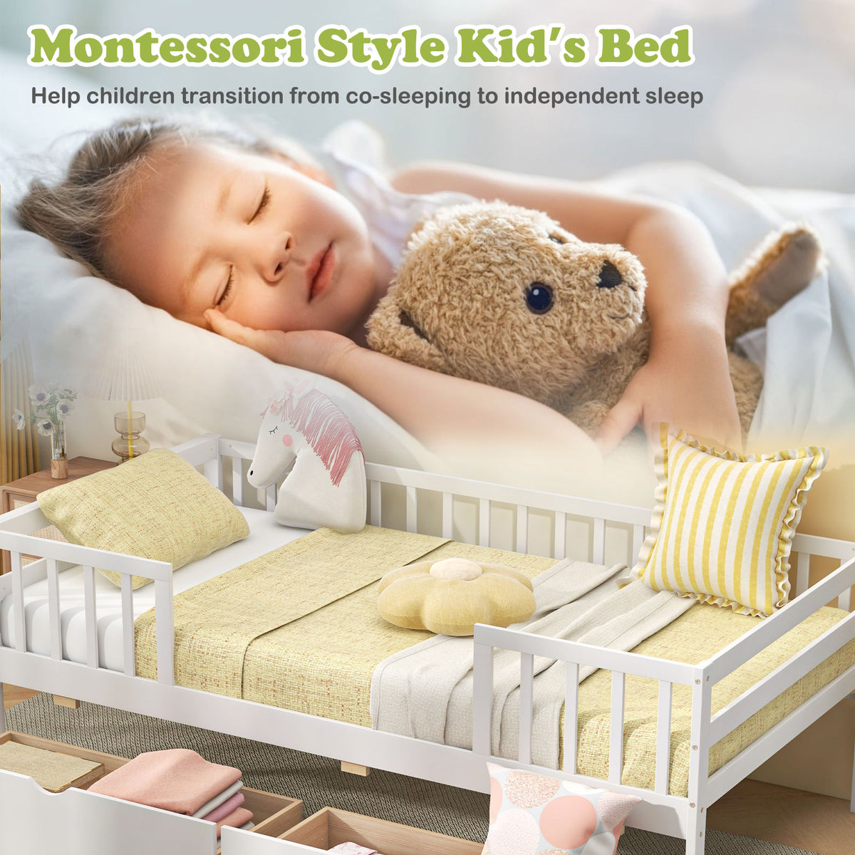 Twin Daybed with Storage Drawers & Safety Fence – White