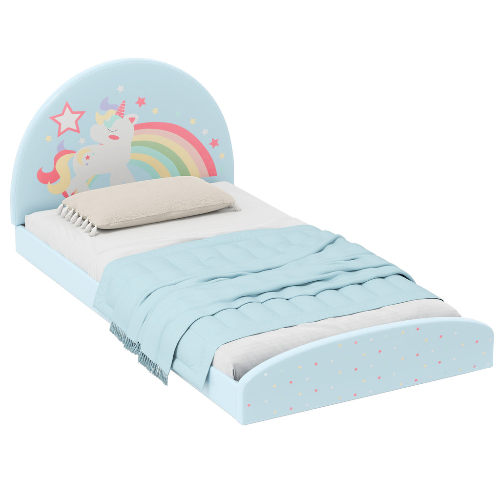 Twin Floor Bed Frame with Upholstered Headboard and Floor Mat - Blue, Kids Safe