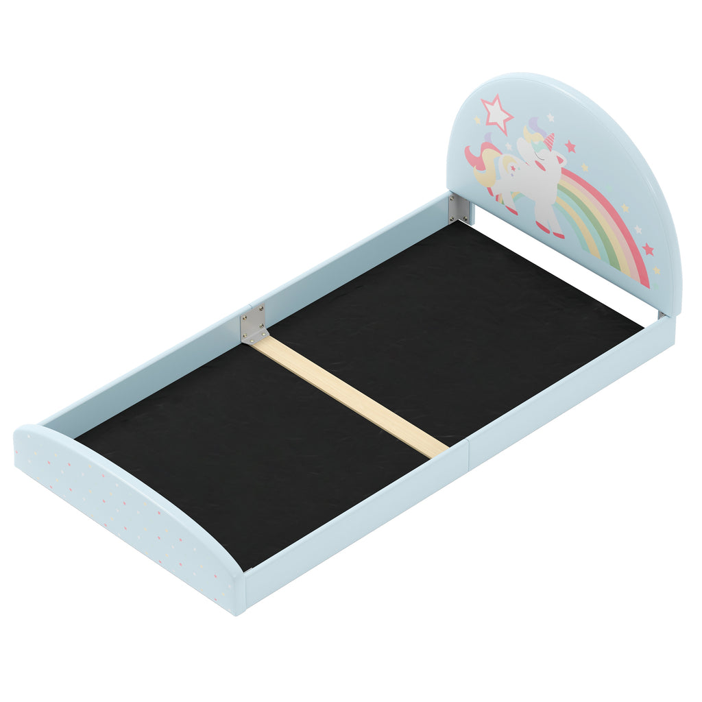 Twin Floor Bed Frame with Upholstered Headboard and Floor Mat - Blue, Kids Safe