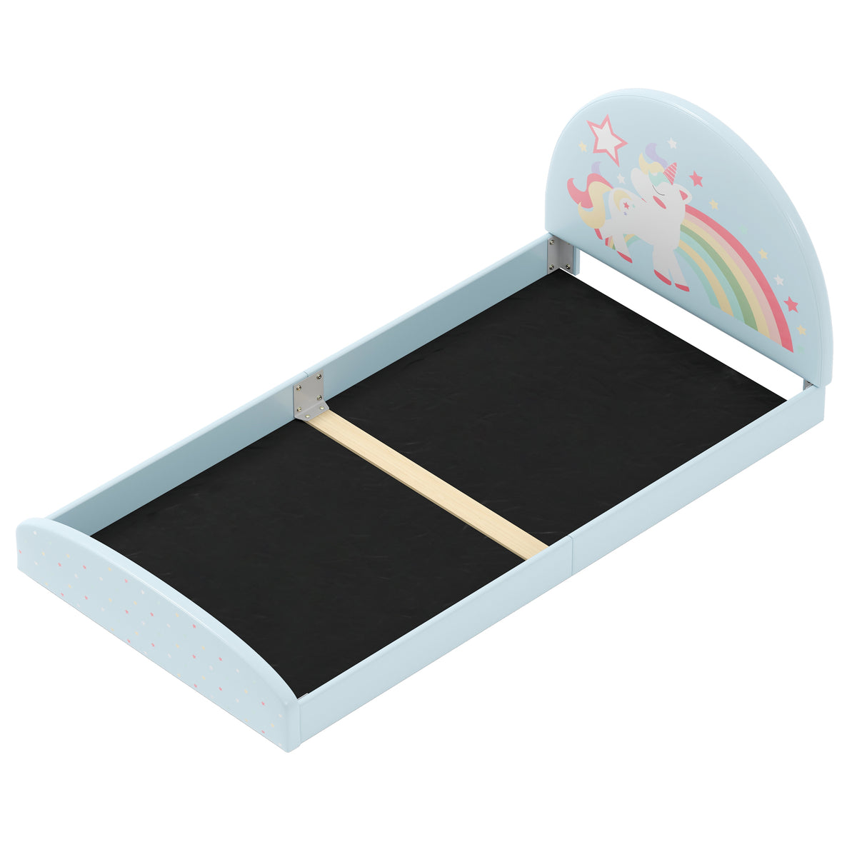 Twin Floor Bed Frame with Upholstered Headboard and Floor Mat - Blue, Kids Safe