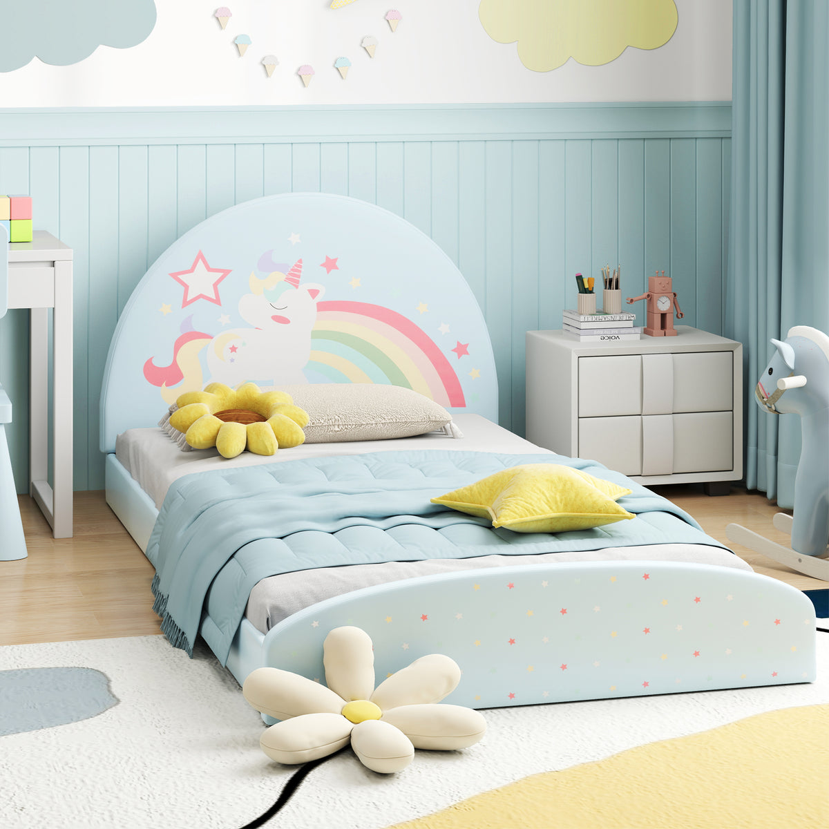 Twin Floor Bed Frame with Upholstered Headboard and Floor Mat - Blue, Kids Safe