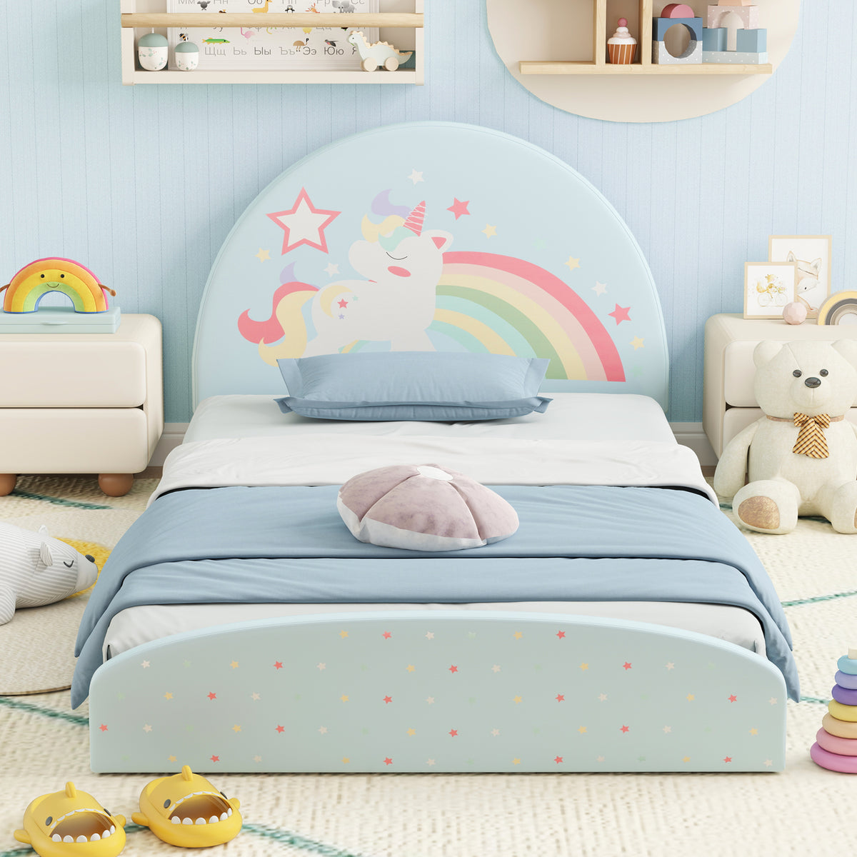 Twin Floor Bed Frame with Upholstered Headboard and Floor Mat - Blue, Kids Safe