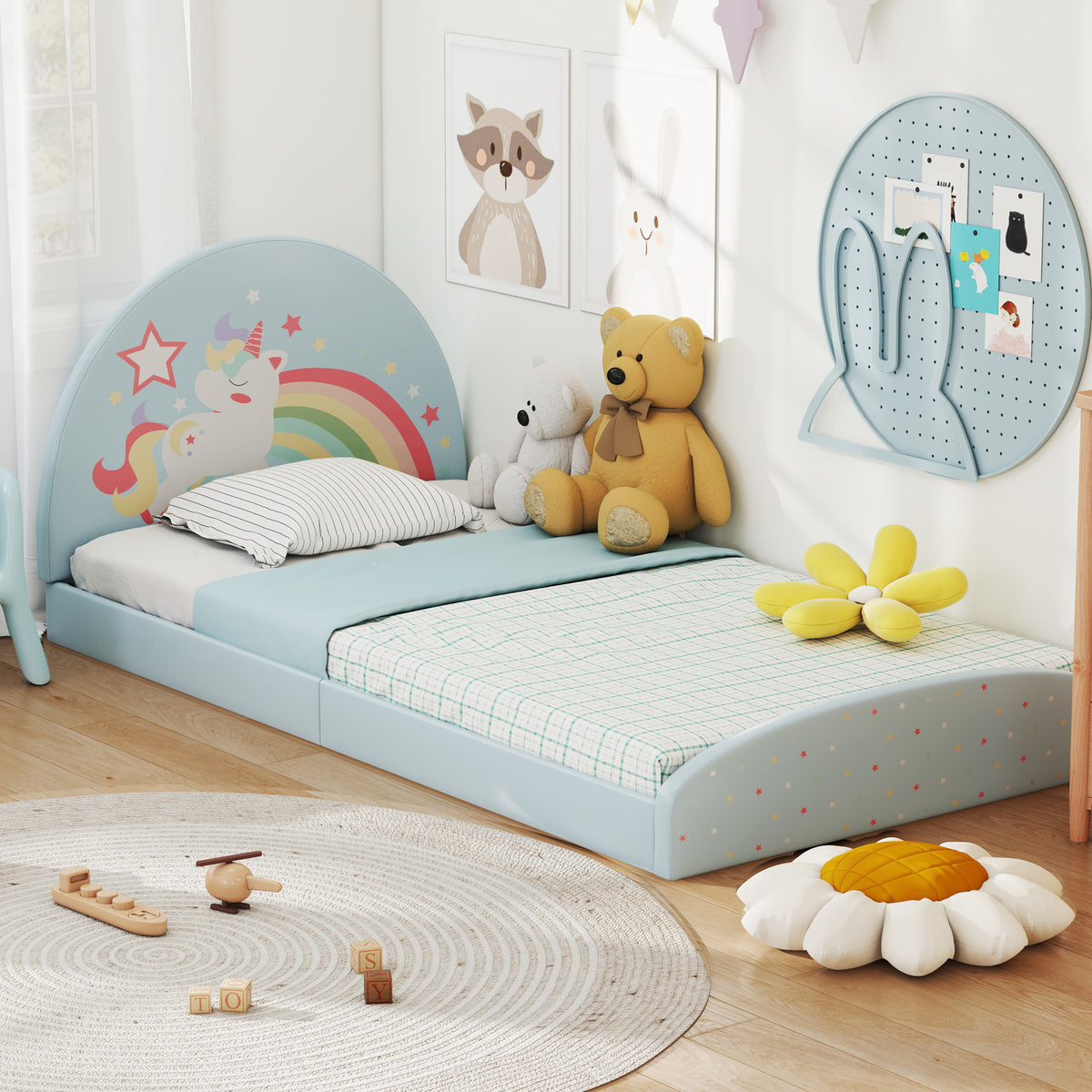 Twin Floor Bed Frame with Upholstered Headboard and Floor Mat - Blue, Kids Safe