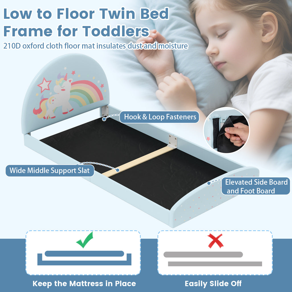 Twin Floor Bed Frame with Upholstered Headboard and Floor Mat - Blue, Kids Safe
