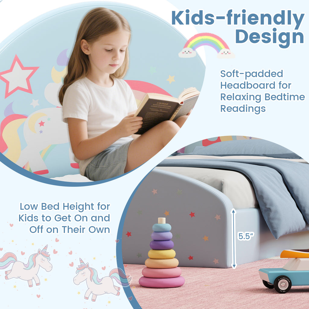 Twin Floor Bed Frame with Upholstered Headboard and Floor Mat - Blue, Kids Safe