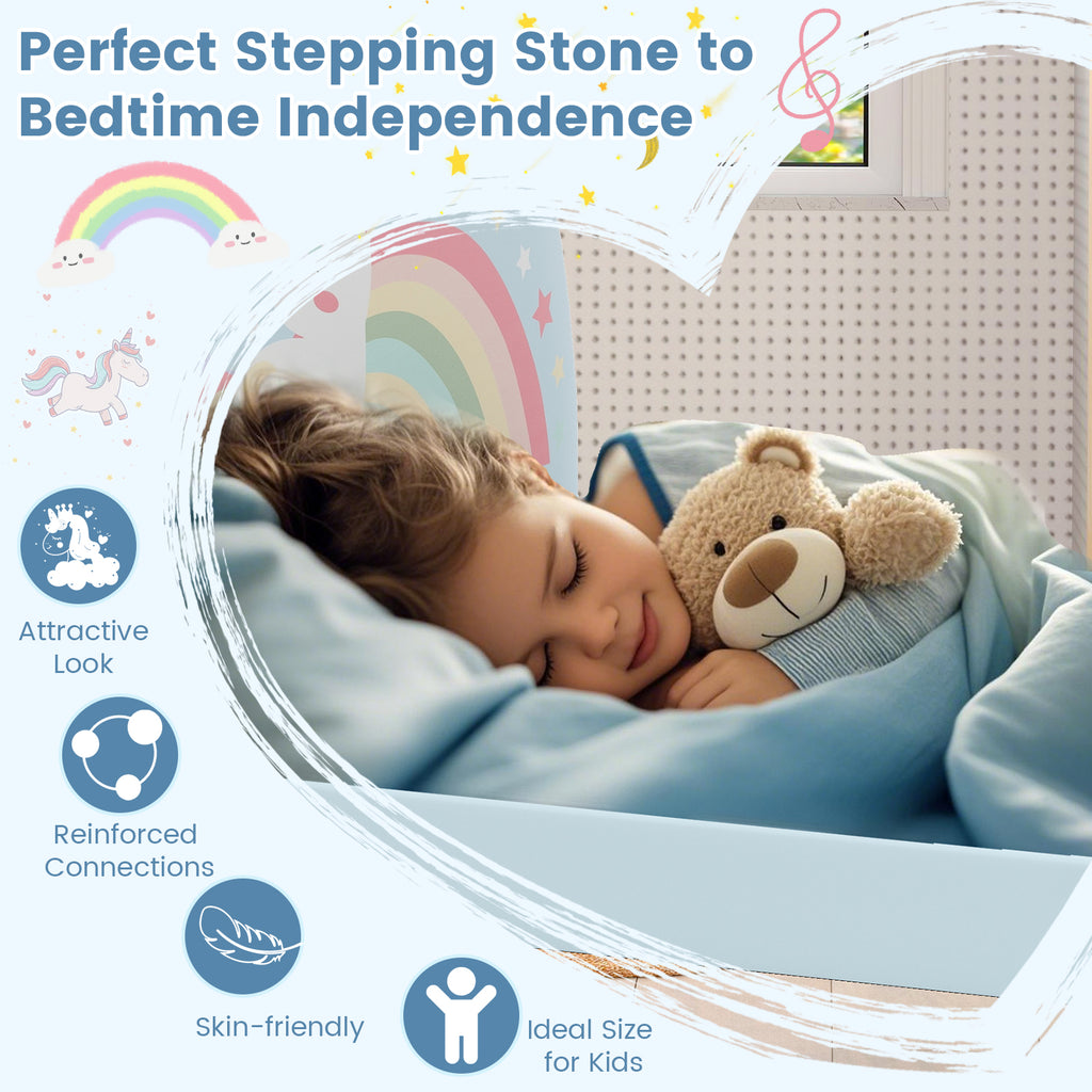 Twin Floor Bed Frame with Upholstered Headboard and Floor Mat - Blue, Kids Safe