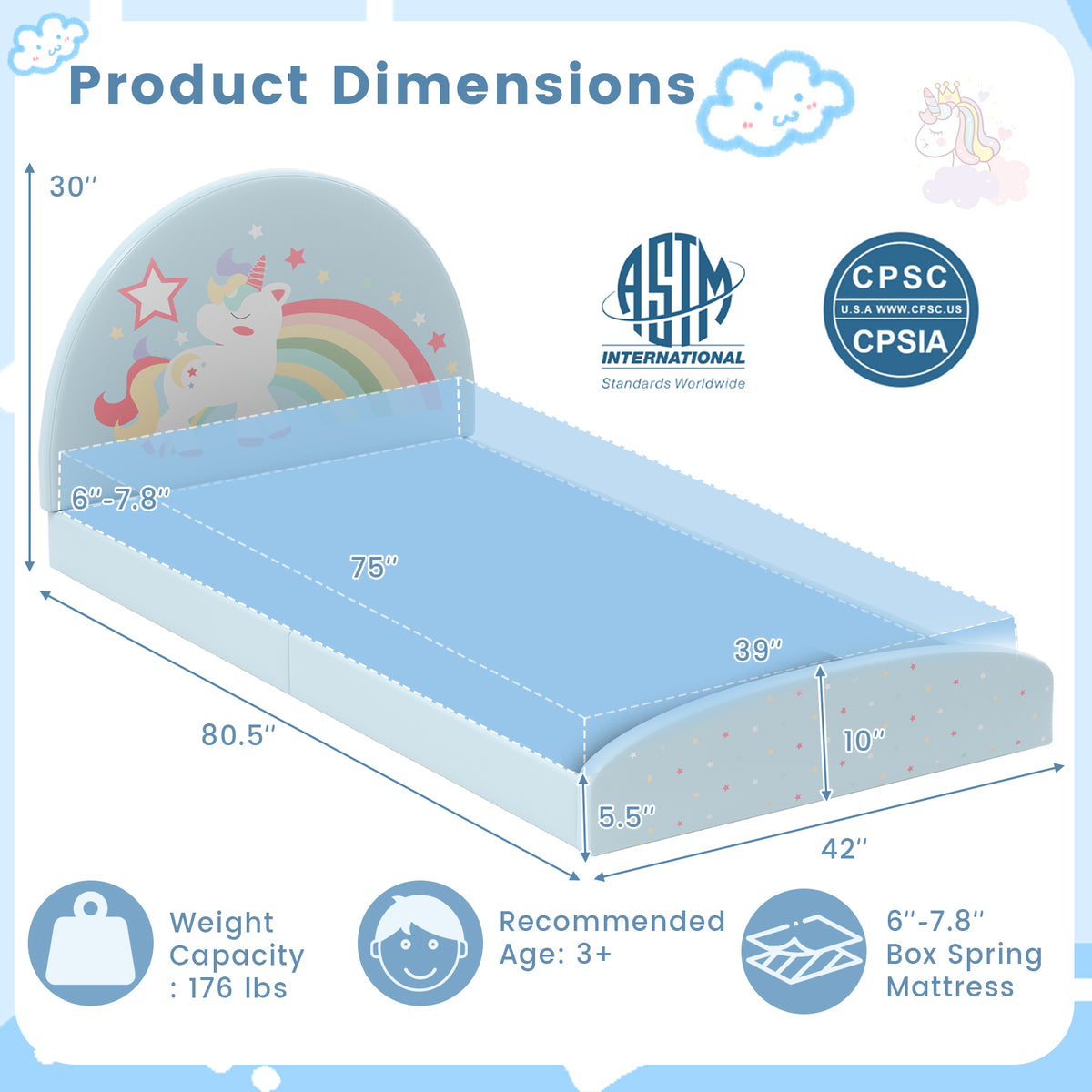 Twin Floor Bed Frame with Upholstered Headboard and Floor Mat - Blue, Kids Safe