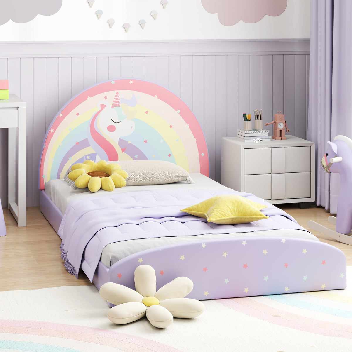 Twin Floor Bed Frame with Upholstered Headboard and Floor Mat - Blue, Kids Safe