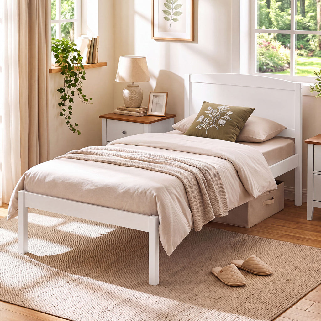 Twin Size Wooden Platform Bed Frame with Curved Headboard, White