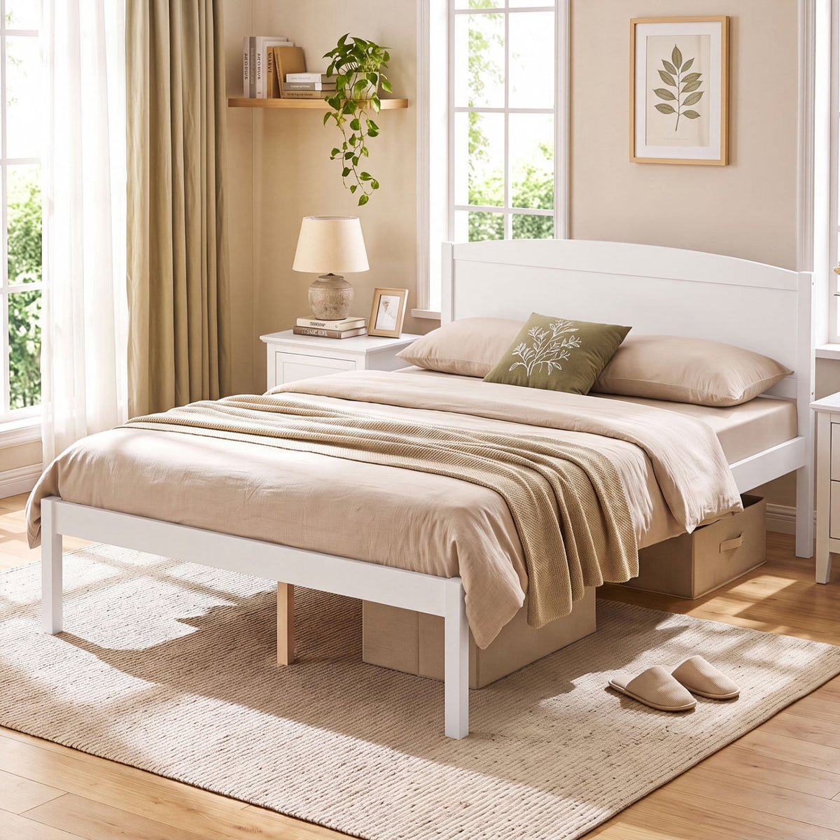Full Size Platform Bed Frame with Curved Headboard - White