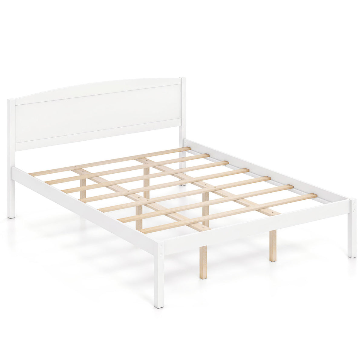 Full Size Wooden Platform Bed Frame with Curved Headboard - White