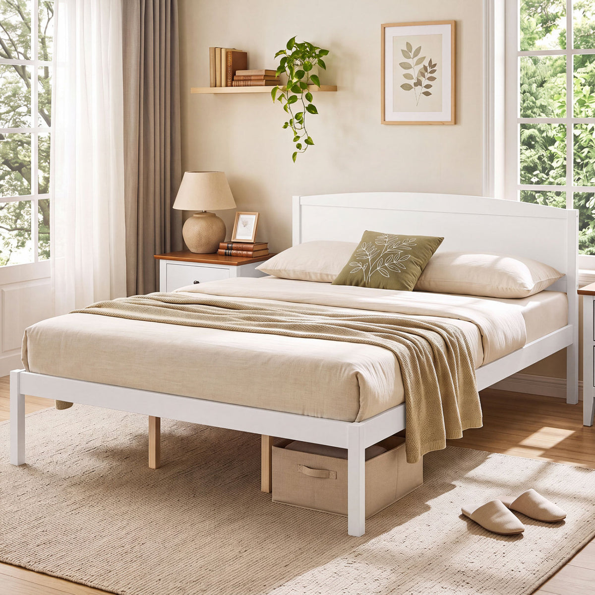 Queen Size Wooden Platform Bed Frame with Curved Headboard - White