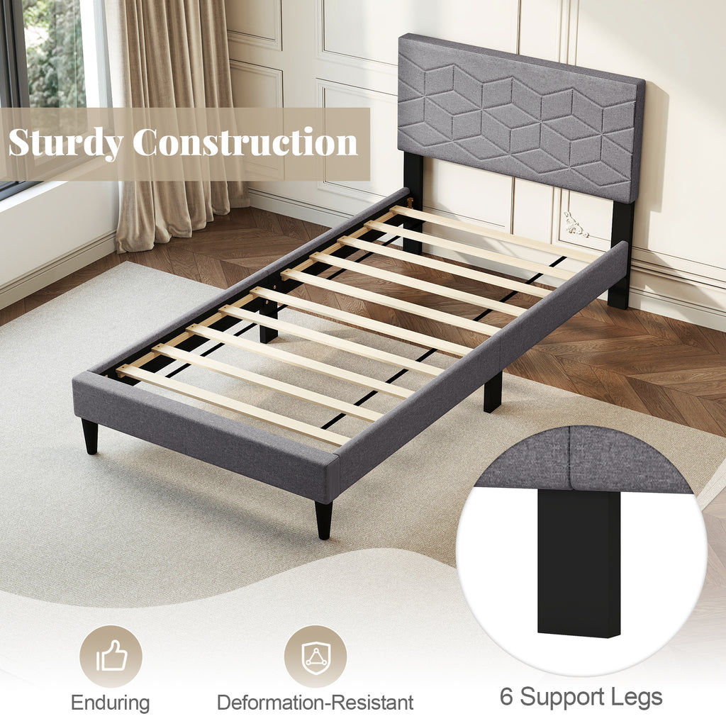 Twin Size Platform Bed with Upholstered Linen Headboard