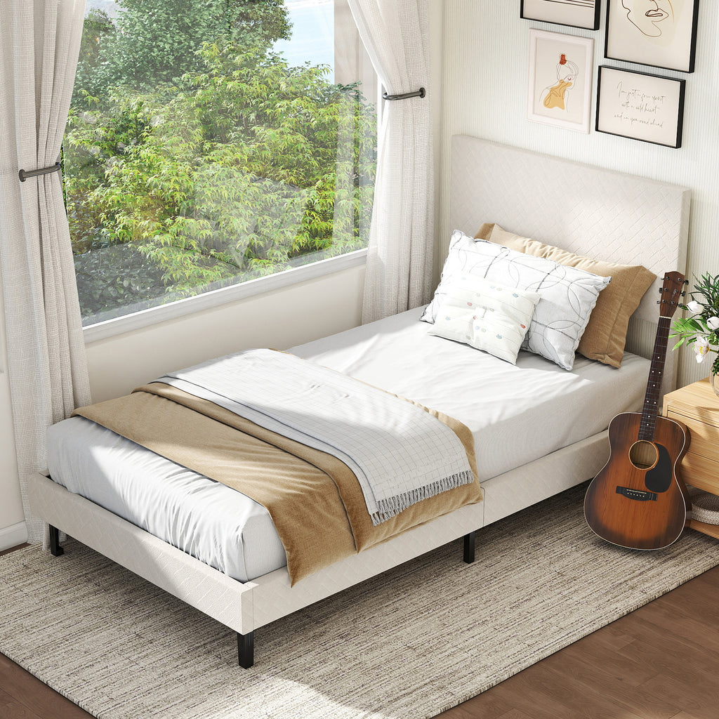Velvet Platform Bed with Chevron Headboard - Twin, Beige
