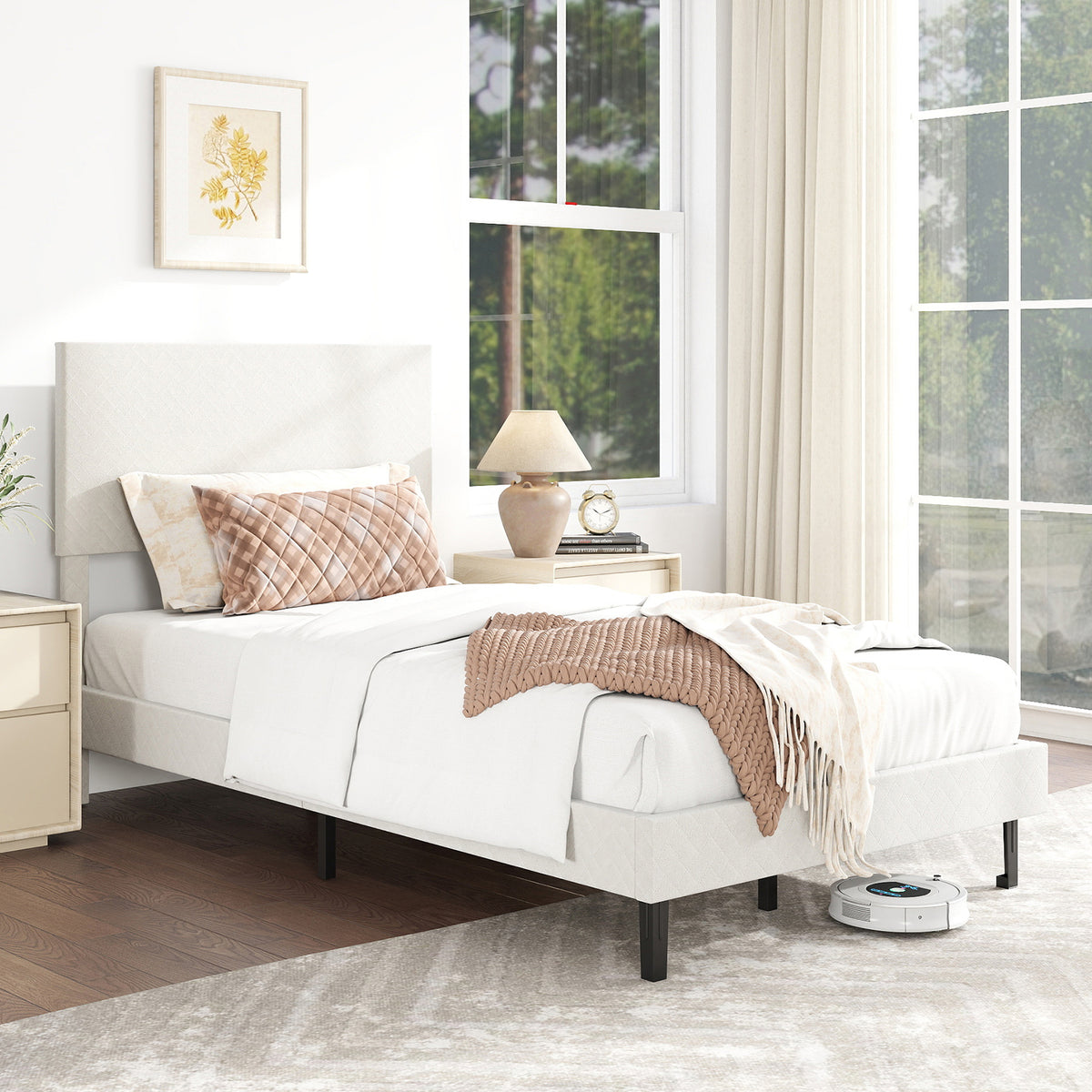 Velvet Platform Bed with Chevron Headboard - Twin, Beige