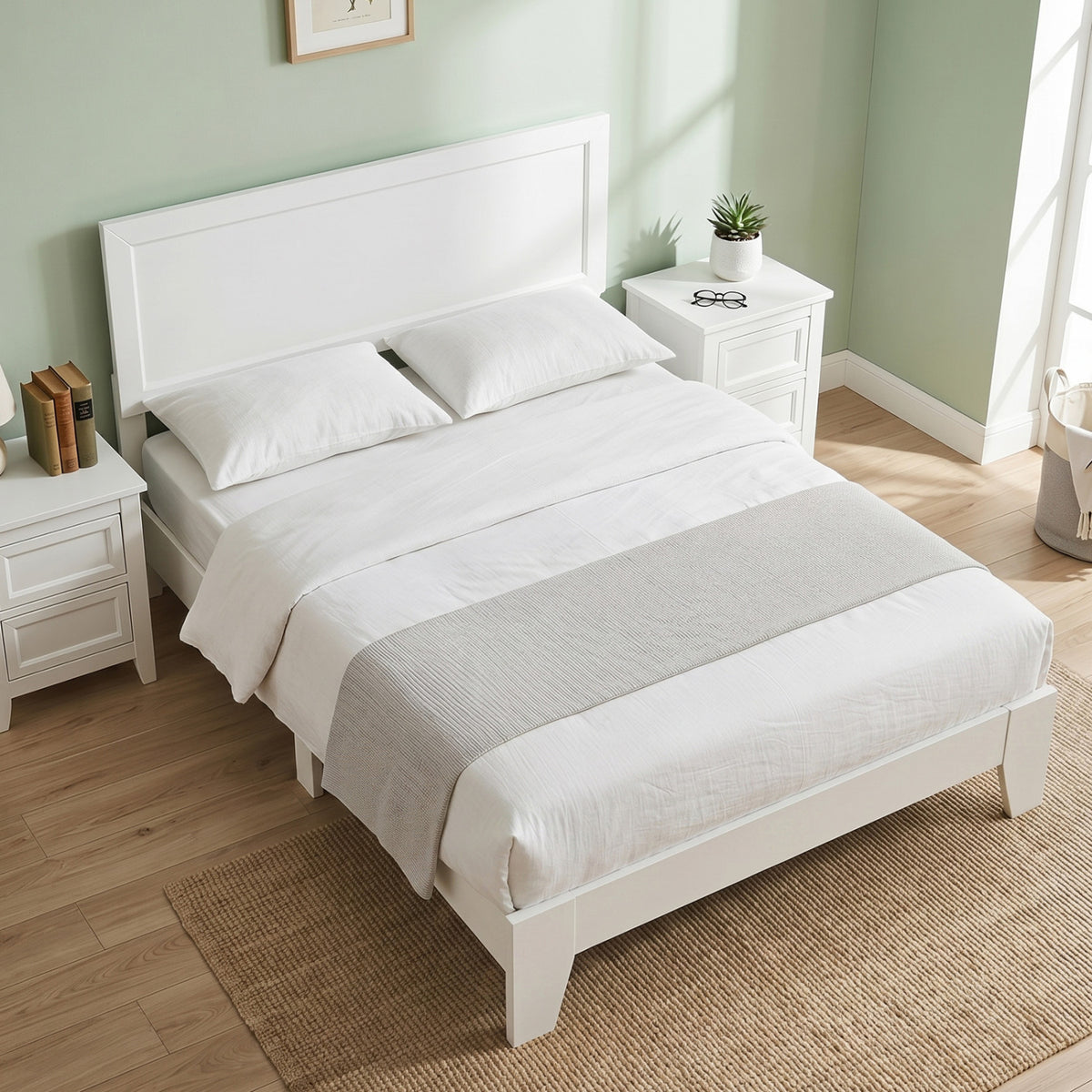 Full Size Modern Bed Frame with Headboard, White