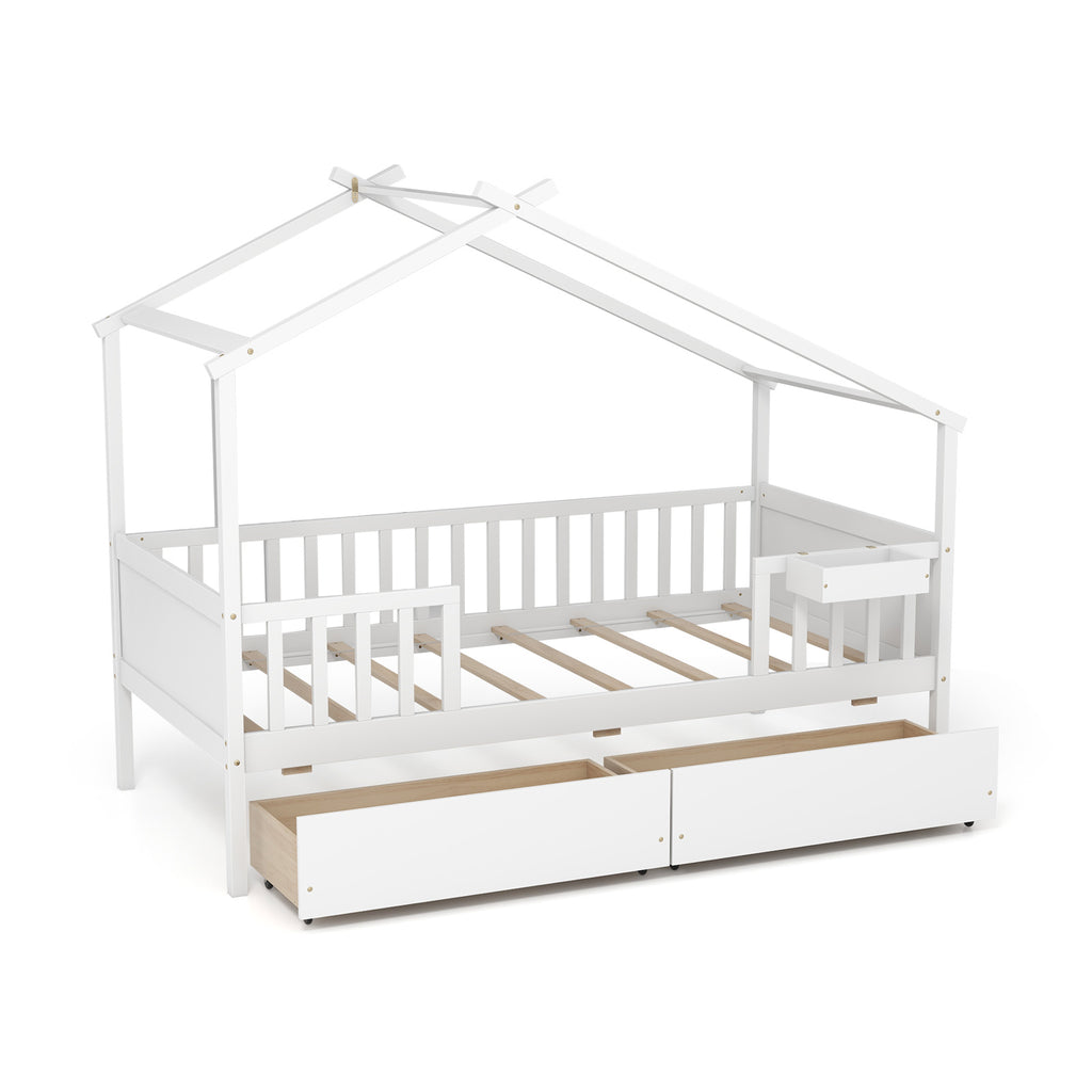 Twin House Bed with Storage Drawers & Safety Rails - Natural