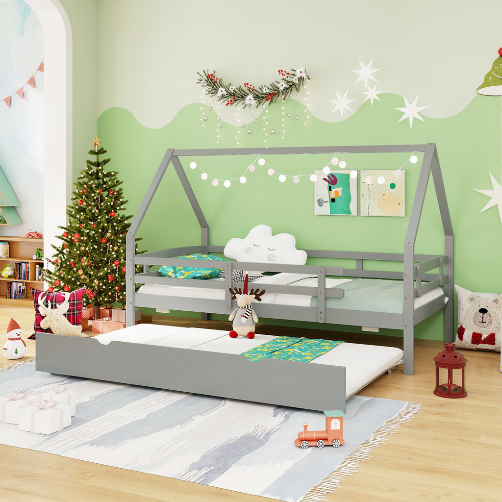 Twin House Bed with Trundle and Safety Rails - Gray