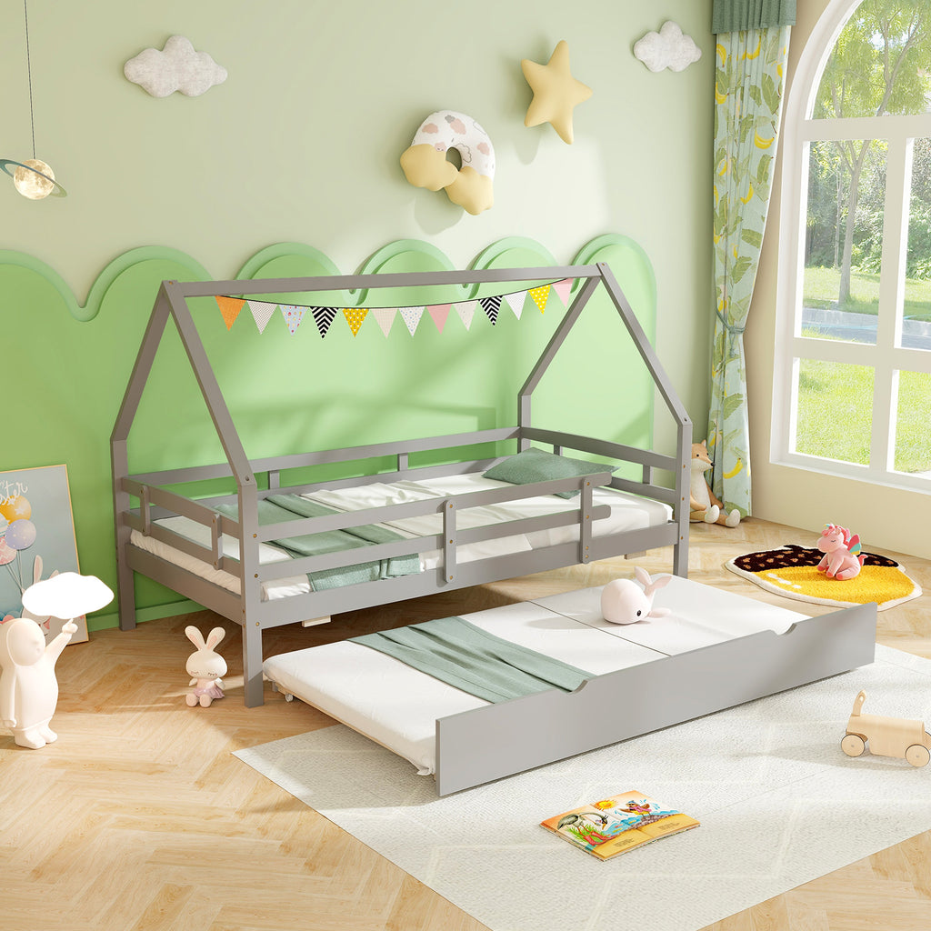 Twin House Bed with Trundle and Safety Rails - Gray