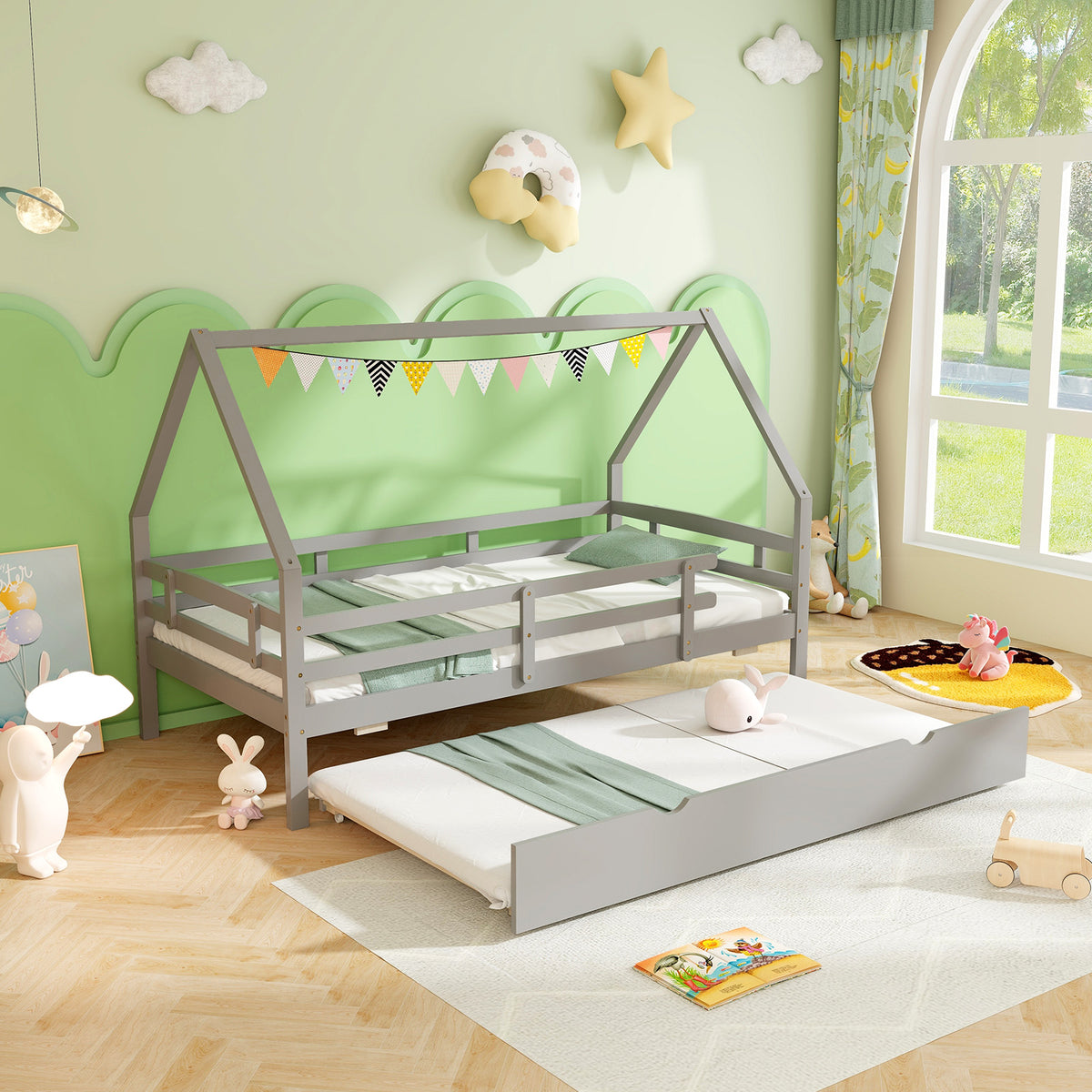 Twin House Bed with Trundle and Safety Rails - Gray