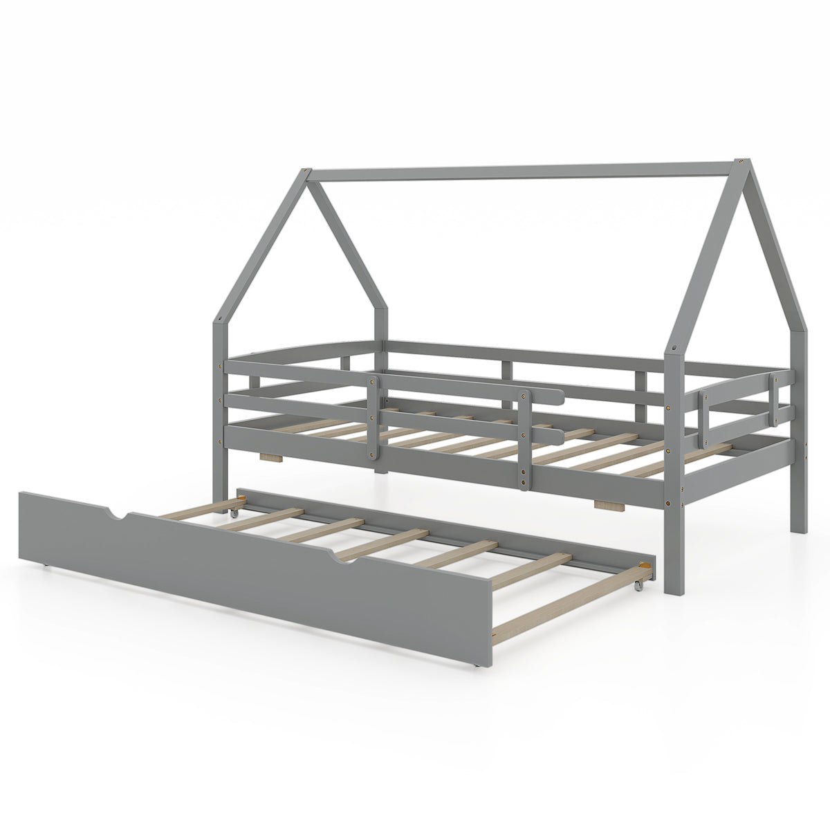 Twin House Bed with Trundle and Safety Fence Rail - Gray