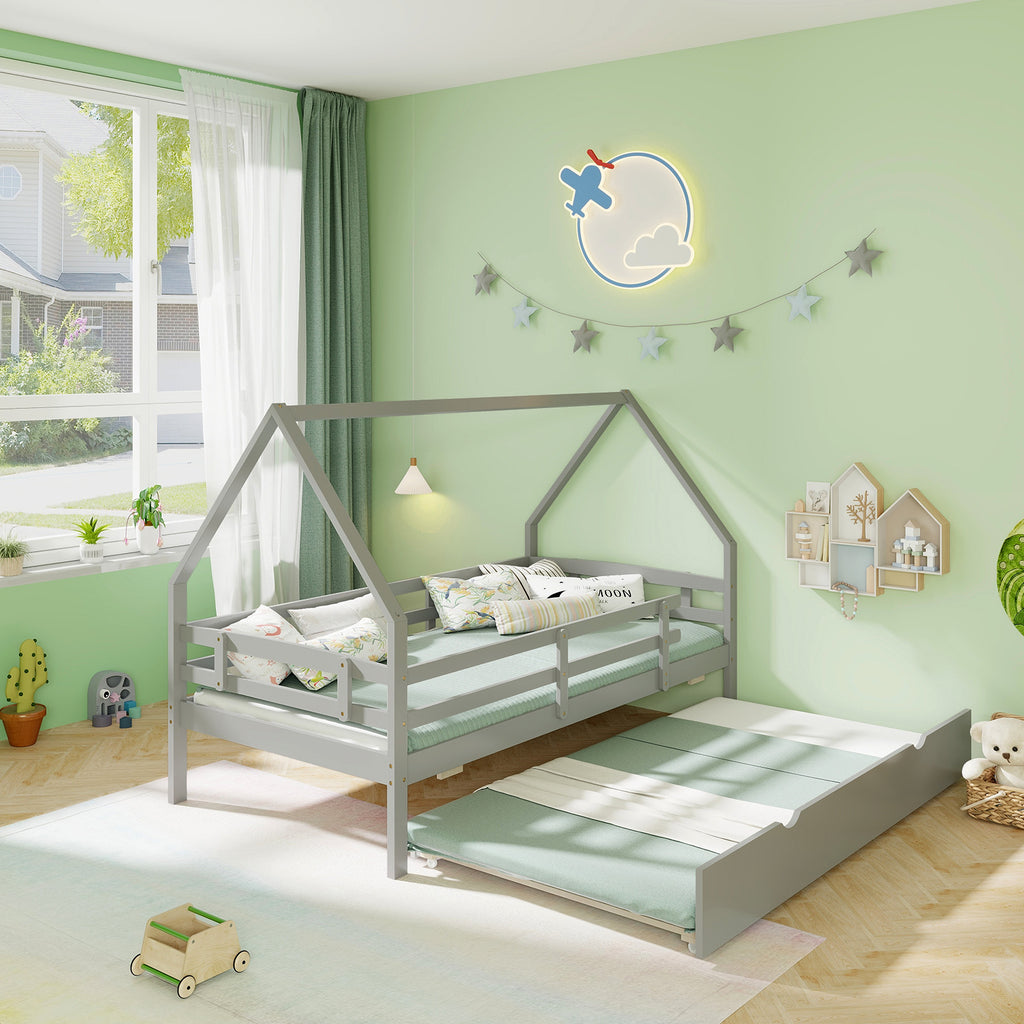 Twin House Bed with Trundle and Safety Rails - Gray