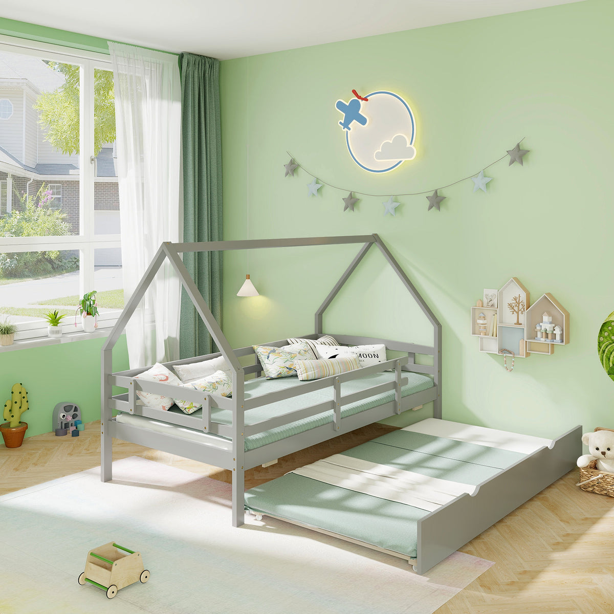 Twin House Bed with Trundle and Safety Rails - Gray