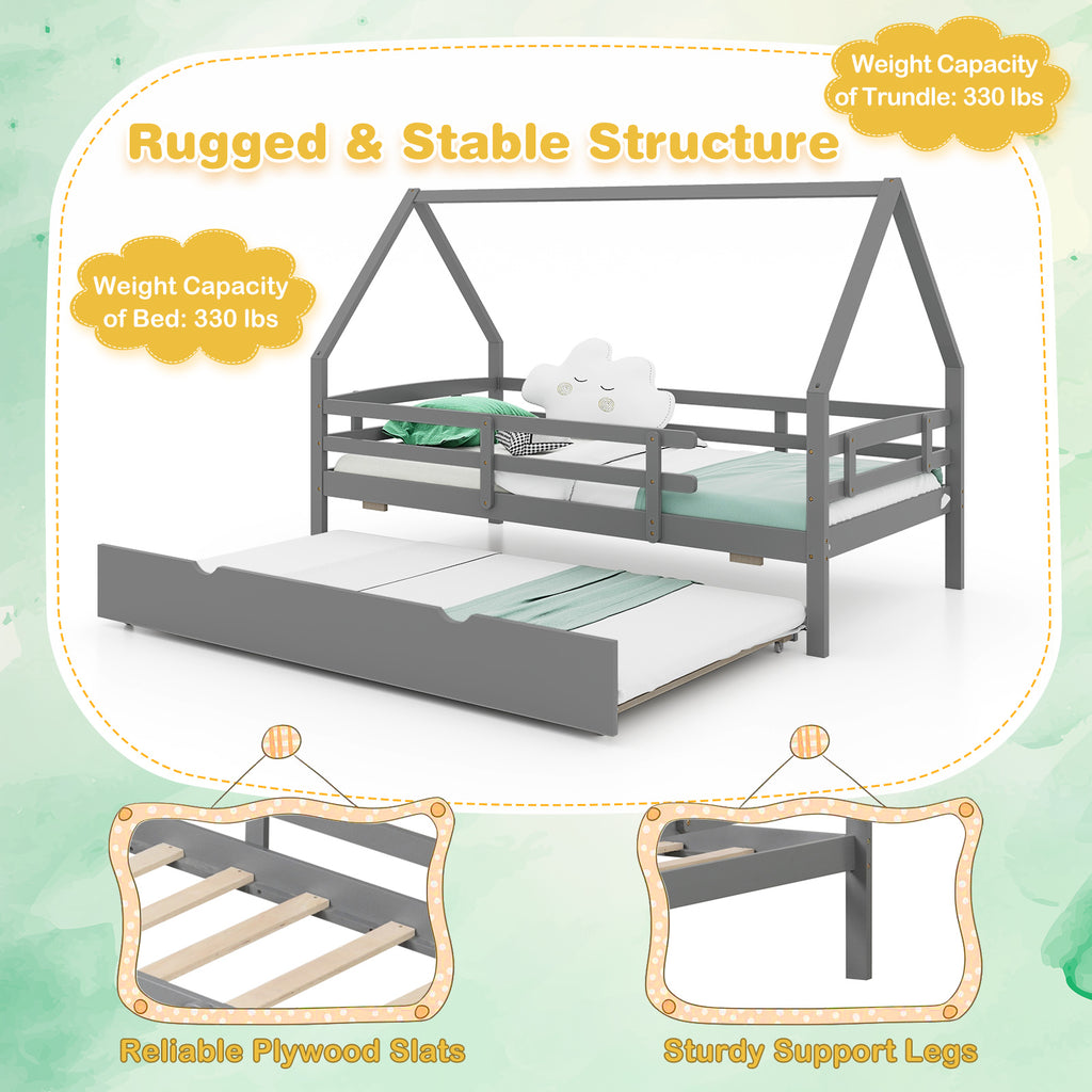 Twin House Bed with Trundle and Safety Rails - Gray