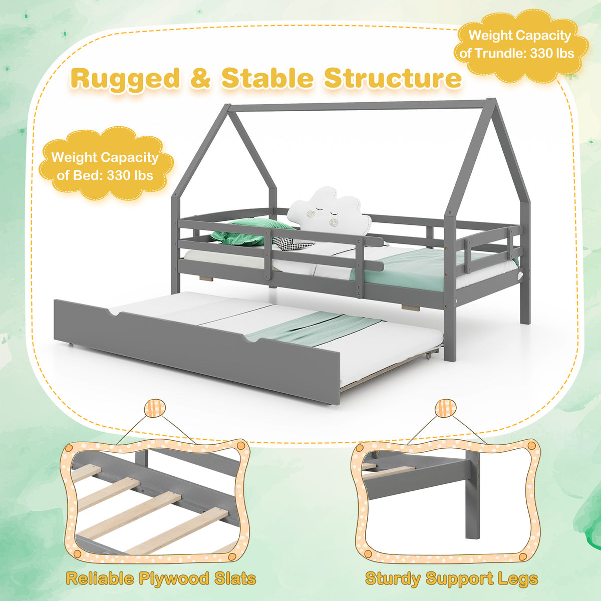 Twin House Bed with Trundle and Safety Rails - Gray