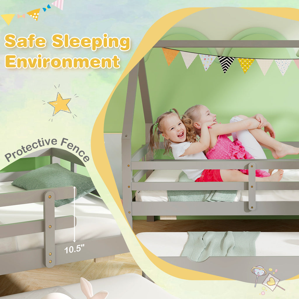 Twin House Bed with Trundle and Safety Rails - Gray