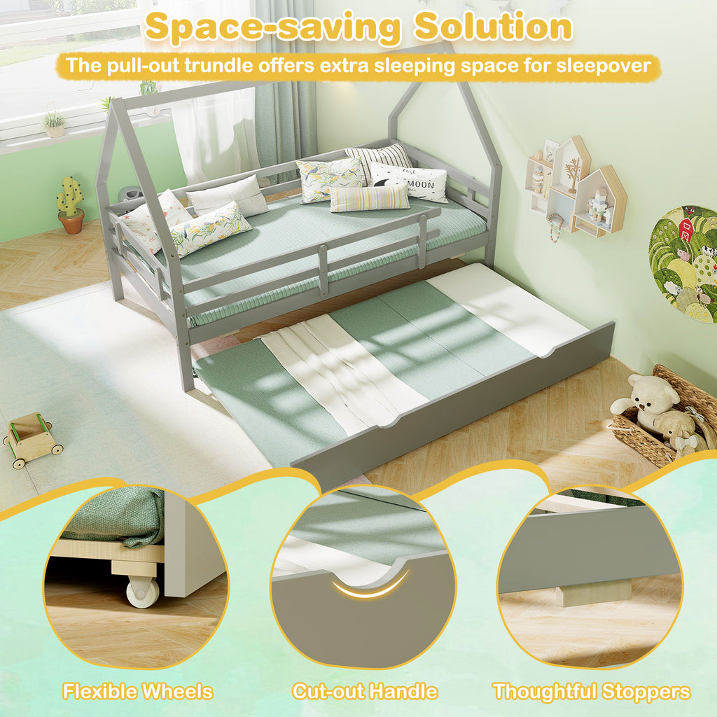 Twin House Bed with Trundle and Safety Rails - Gray