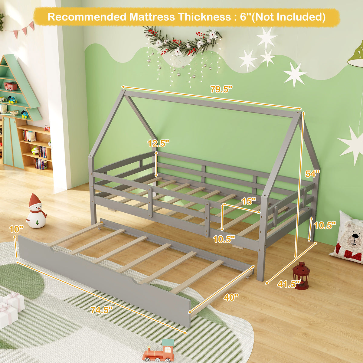 Twin House Bed with Trundle and Safety Rails - Gray