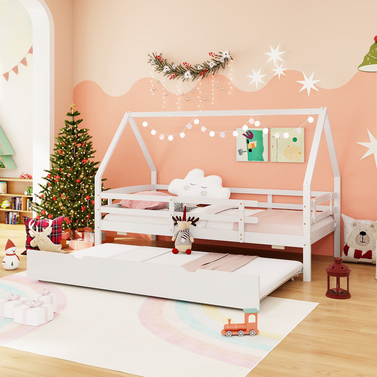 Twin House Bed with Trundle and Safety Rails - Gray