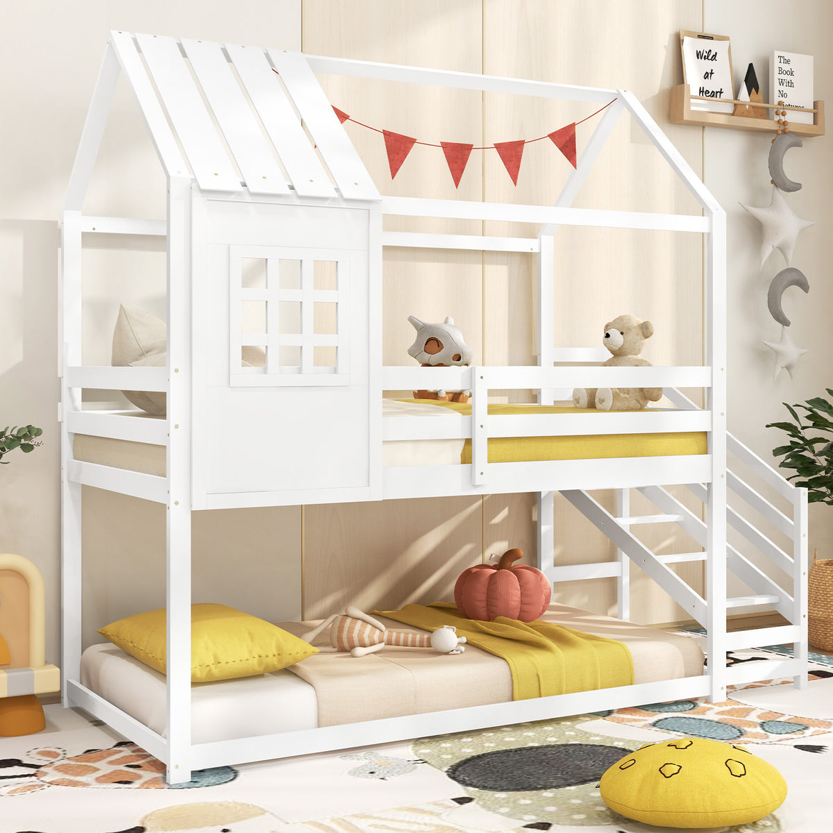 Twin Loft House Bed with Stairs & Roof, White