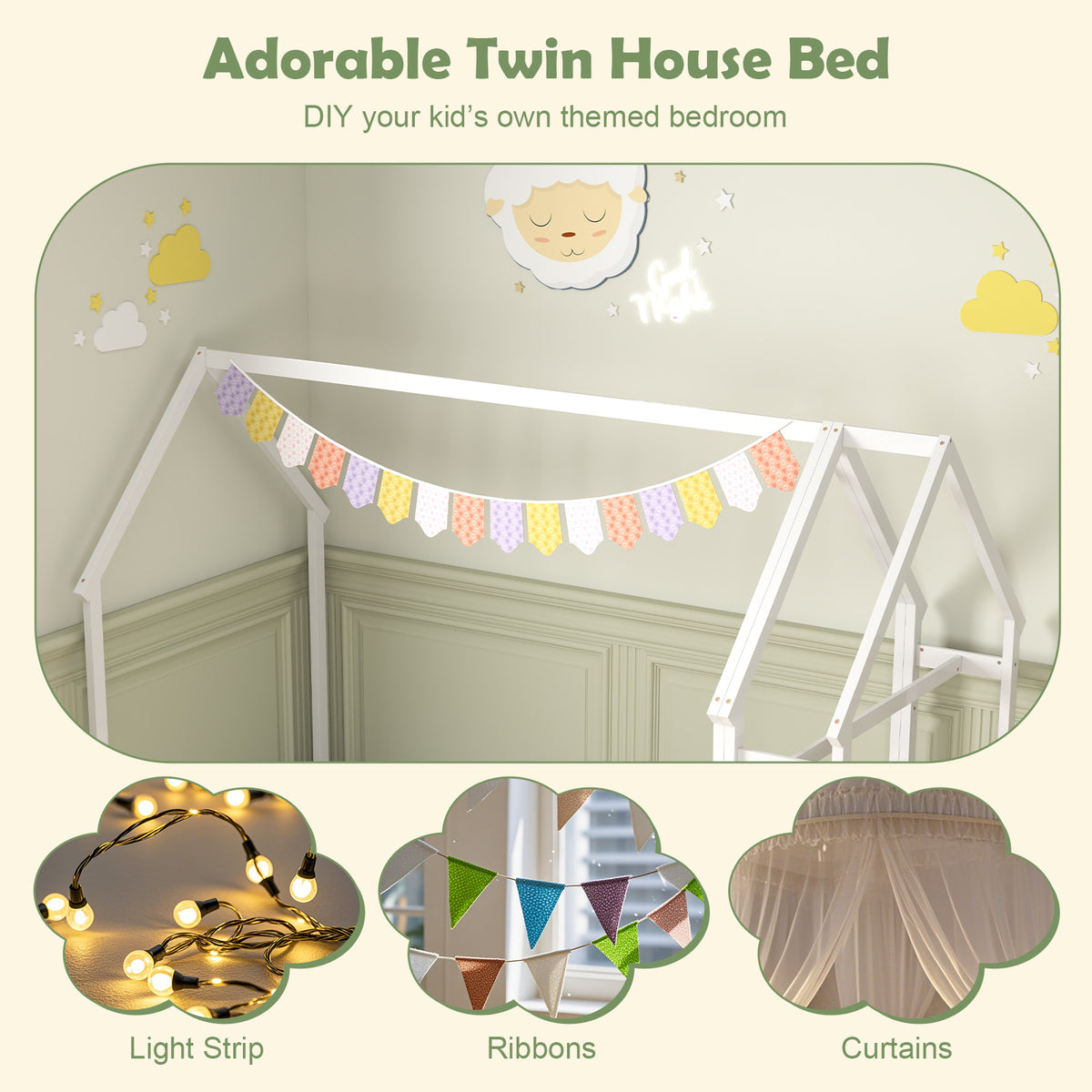 Twin House Floor Bed with Storage Shelf - White, Montessori Style, Twin Size