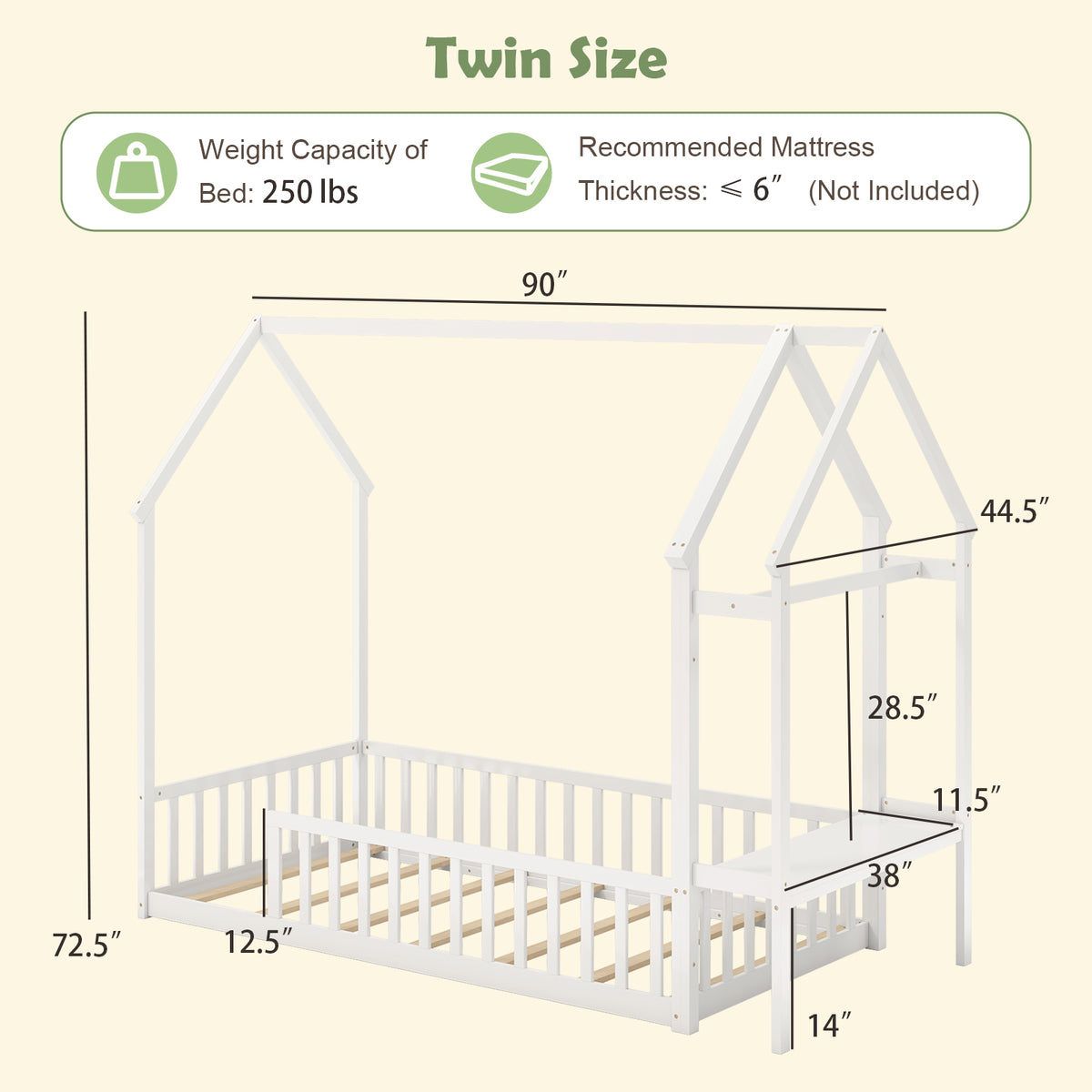Twin House Floor Bed with Storage Shelf - White, Montessori Style, Twin Size
