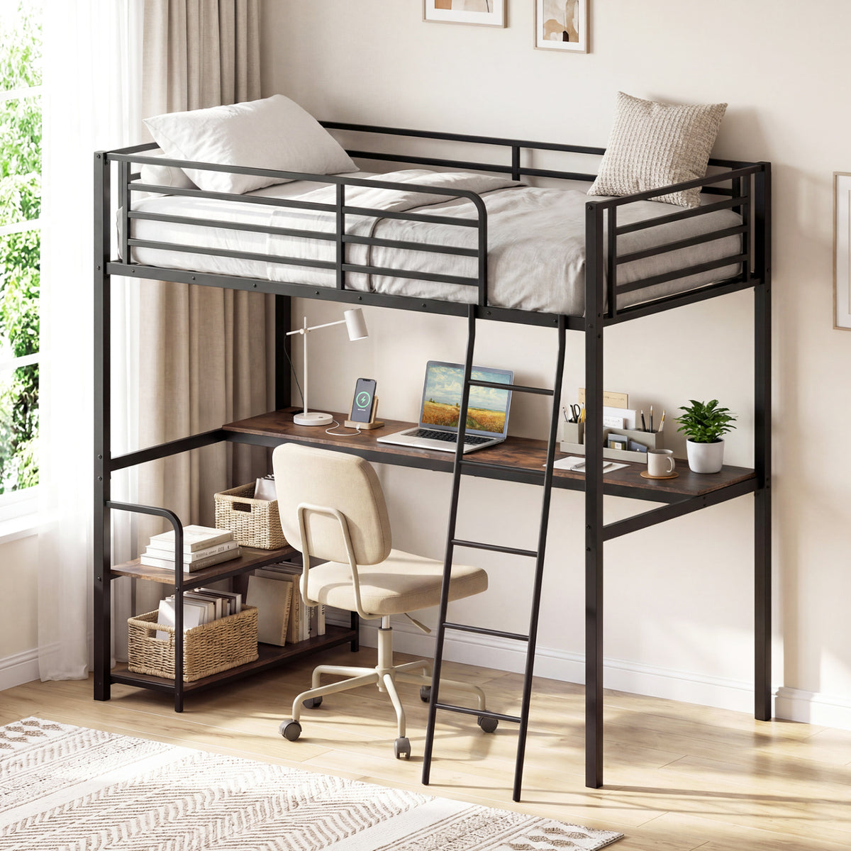 Twin Loft Bed with Desk and Shelves - Rustic Brown